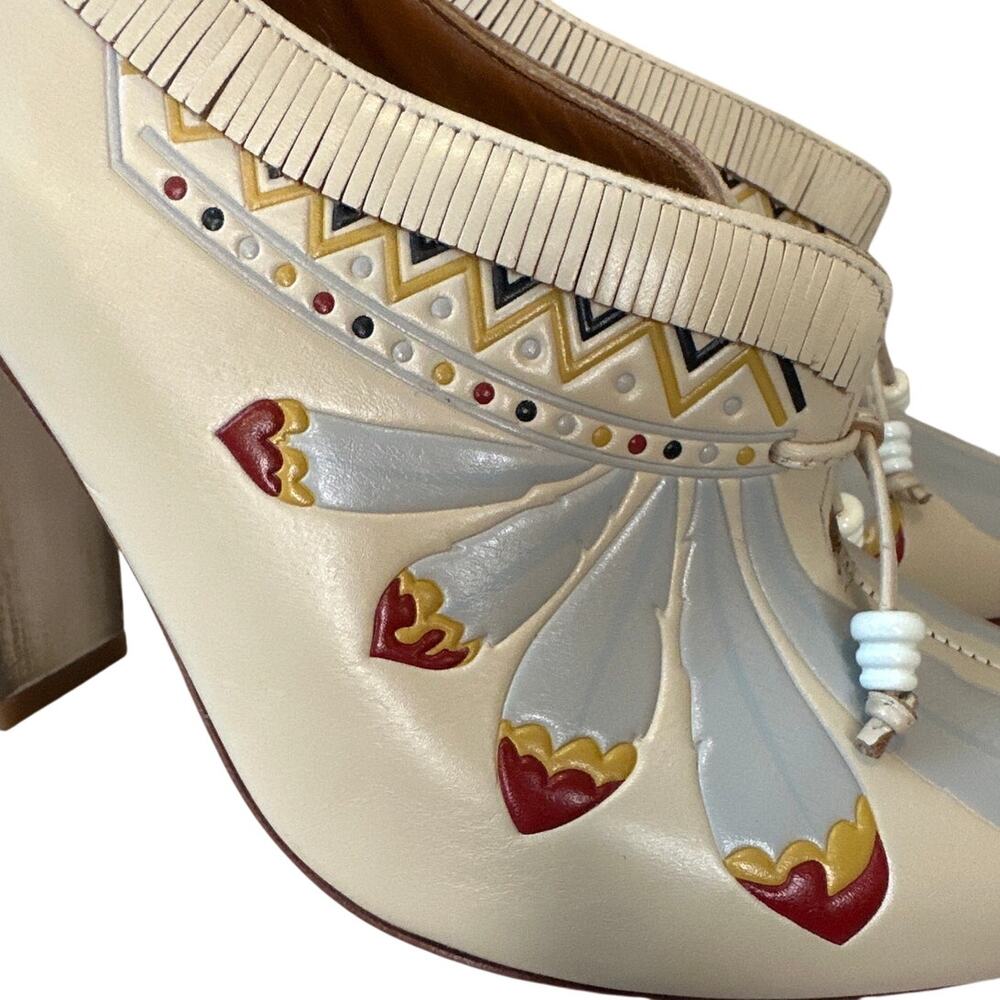 Tory Burch Yuma Fringe Feather Heel 7.5 Folk Art Block Pump - Picture 13 of 13